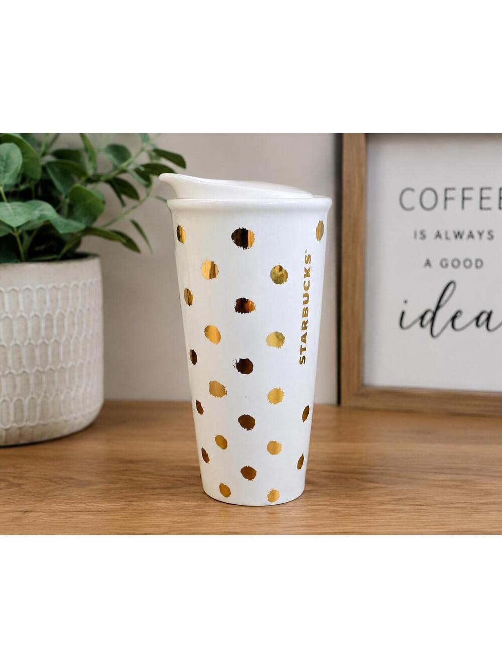 Starbucks 2014 White & Gold Polka Dot Ceramic Travel Tumbler with lid